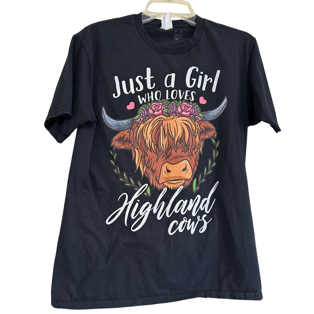 Just a Girl Who Loves Highland Cows Graphic‎ Black T Shirt Tee Ss M Farmhouse